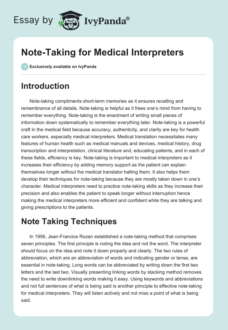 Note-Taking for Medical Interpreters. Page 1