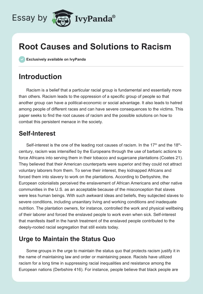 Root Causes and Solutions to Racism. Page 1