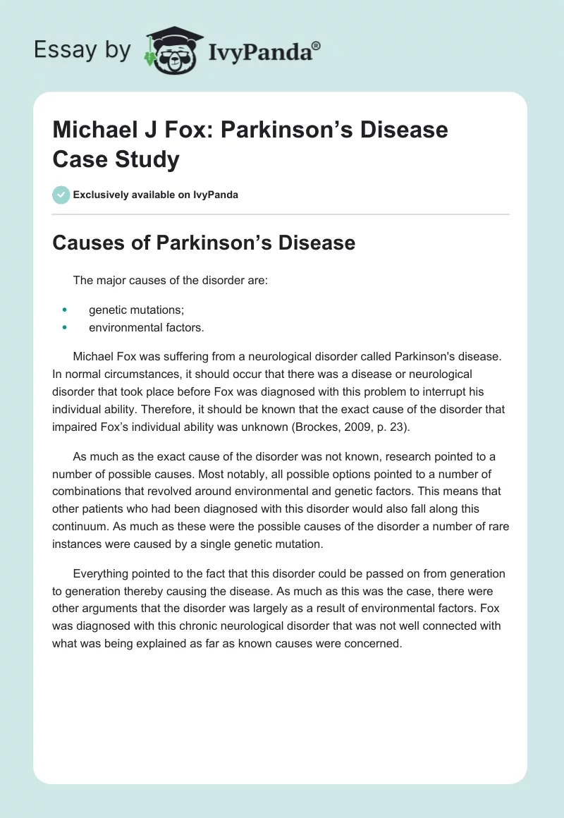 Michael J Fox: Parkinson’s Disease Case Study. Page 1