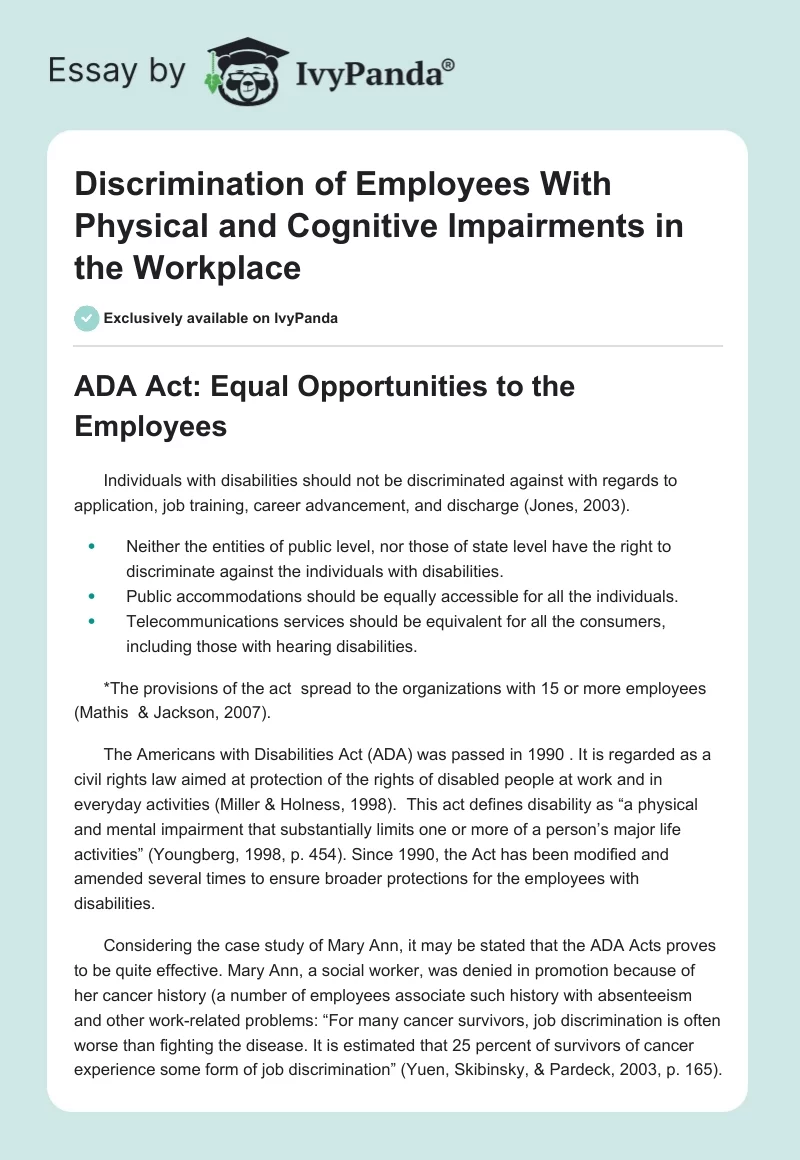 Discrimination of Employees With Physical and Cognitive Impairments in the Workplace. Page 1