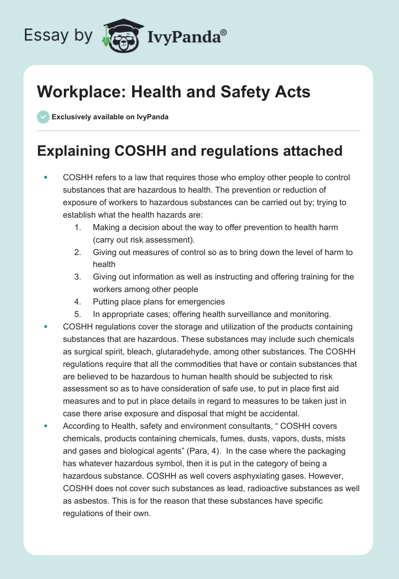 Workplace: Health and Safety Acts. Page 1