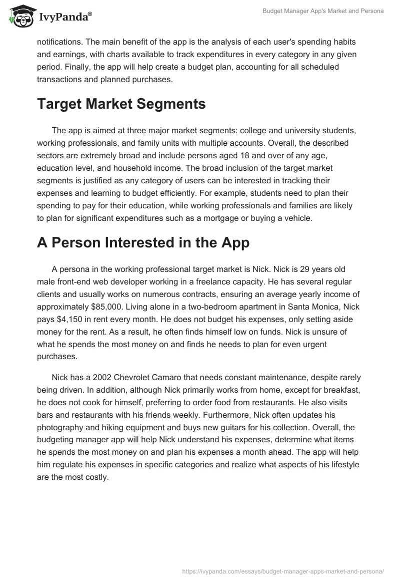Budget Manager App's Market and Persona. Page 2