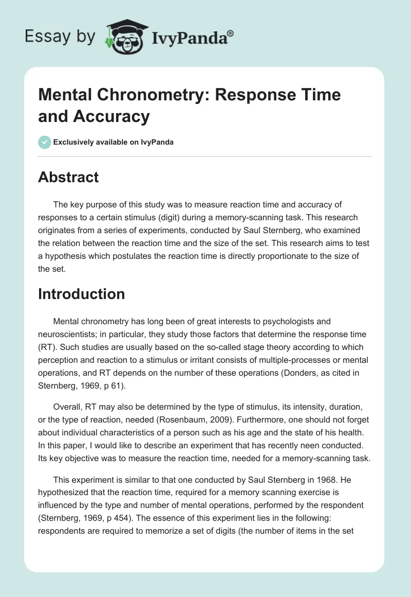 Mental Chronometry: Response Time and Accuracy. Page 1