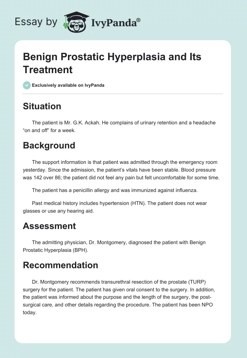 Benign Prostatic Hyperplasia and Its Treatment. Page 1