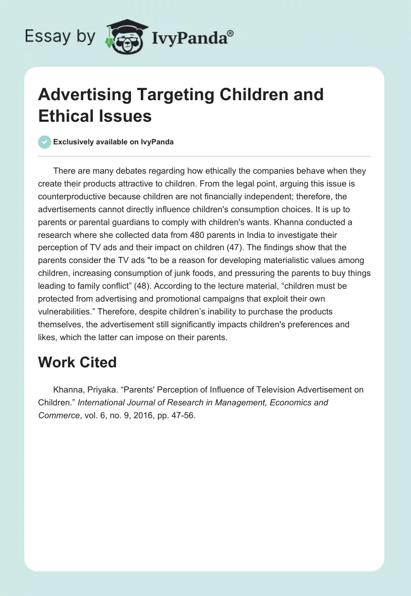 Advertising Targeting Children and Ethical Issues. Page 1