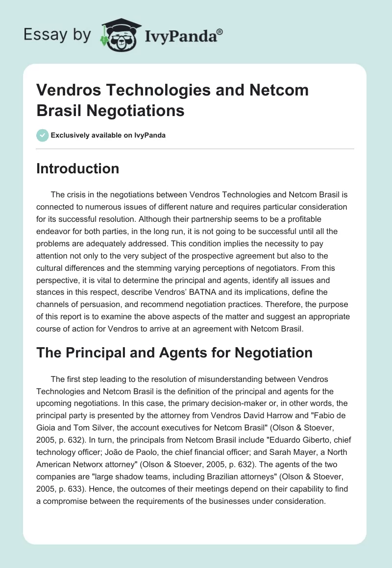 Vendros Technologies and Netcom Brasil Negotiations. Page 1