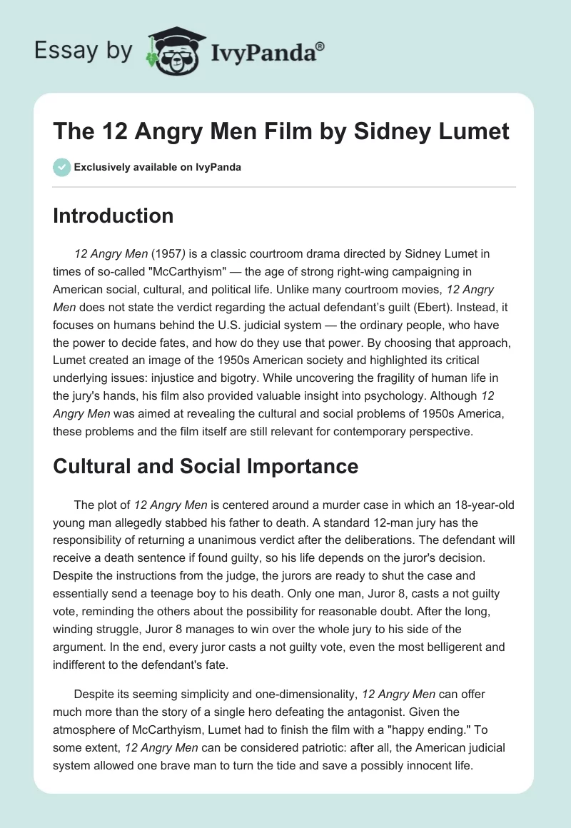The "12 Angry Men" Film by Sidney Lumet. Page 1