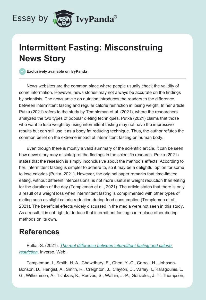Intermittent Fasting: Misconstruing News Story. Page 1