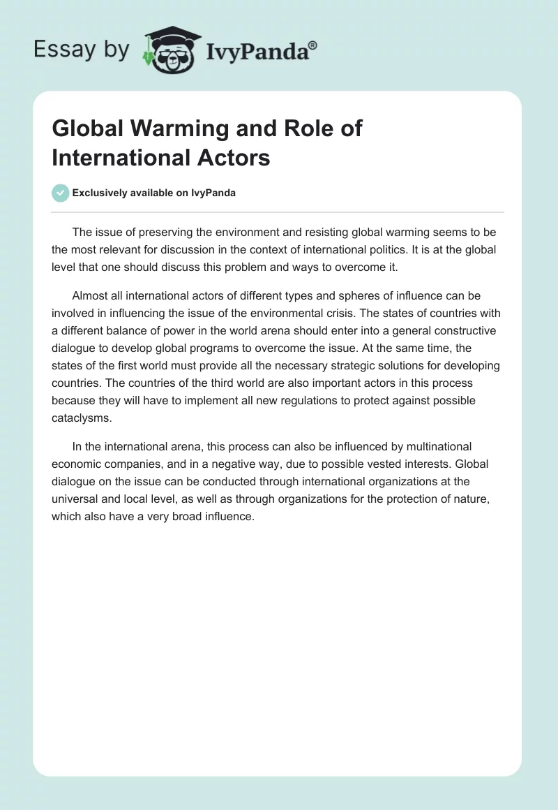 Global Warming and Role of International Actors. Page 1