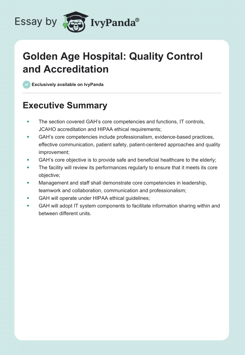 Golden Age Hospital: Quality Control and Accreditation. Page 1