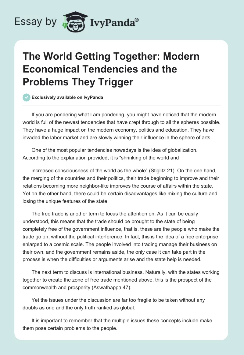 The World Getting Together: Modern Economical Tendencies and the Problems They Trigger. Page 1