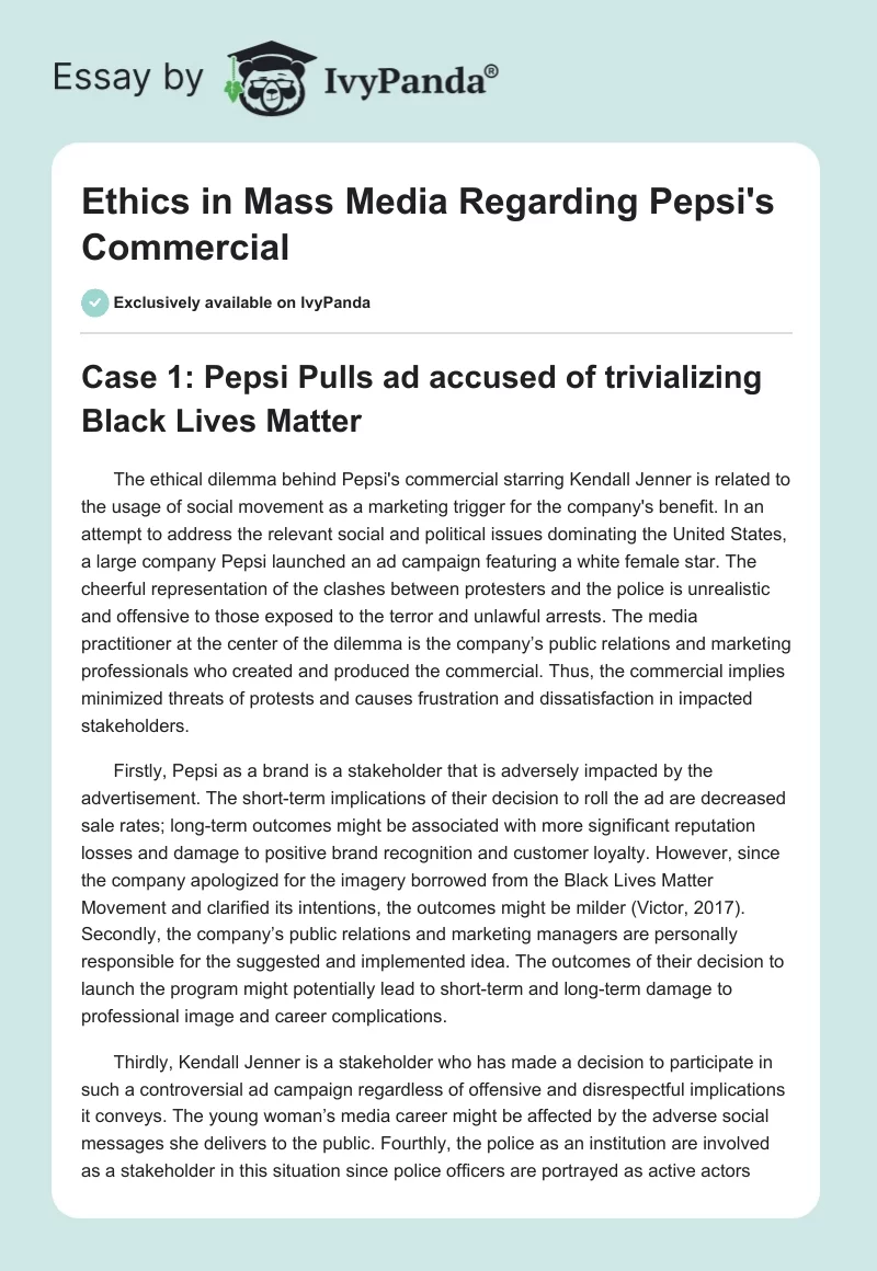 Ethics in Mass Media Regarding Pepsi's Commercial. Page 1
