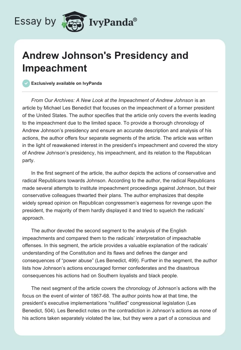 Andrew Johnson's Presidency and Impeachment. Page 1