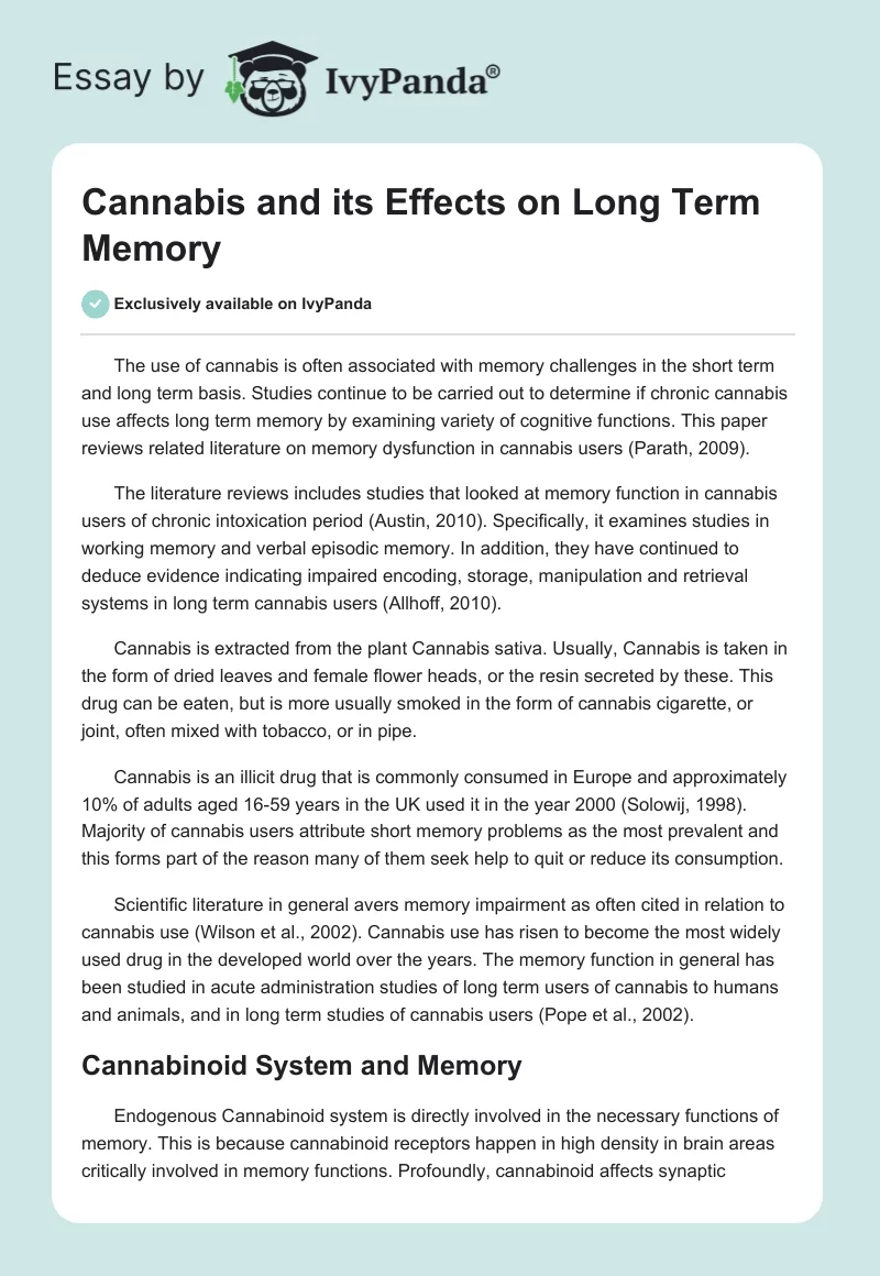 Cannabis and Its Effects on Long Term Memory. Page 1