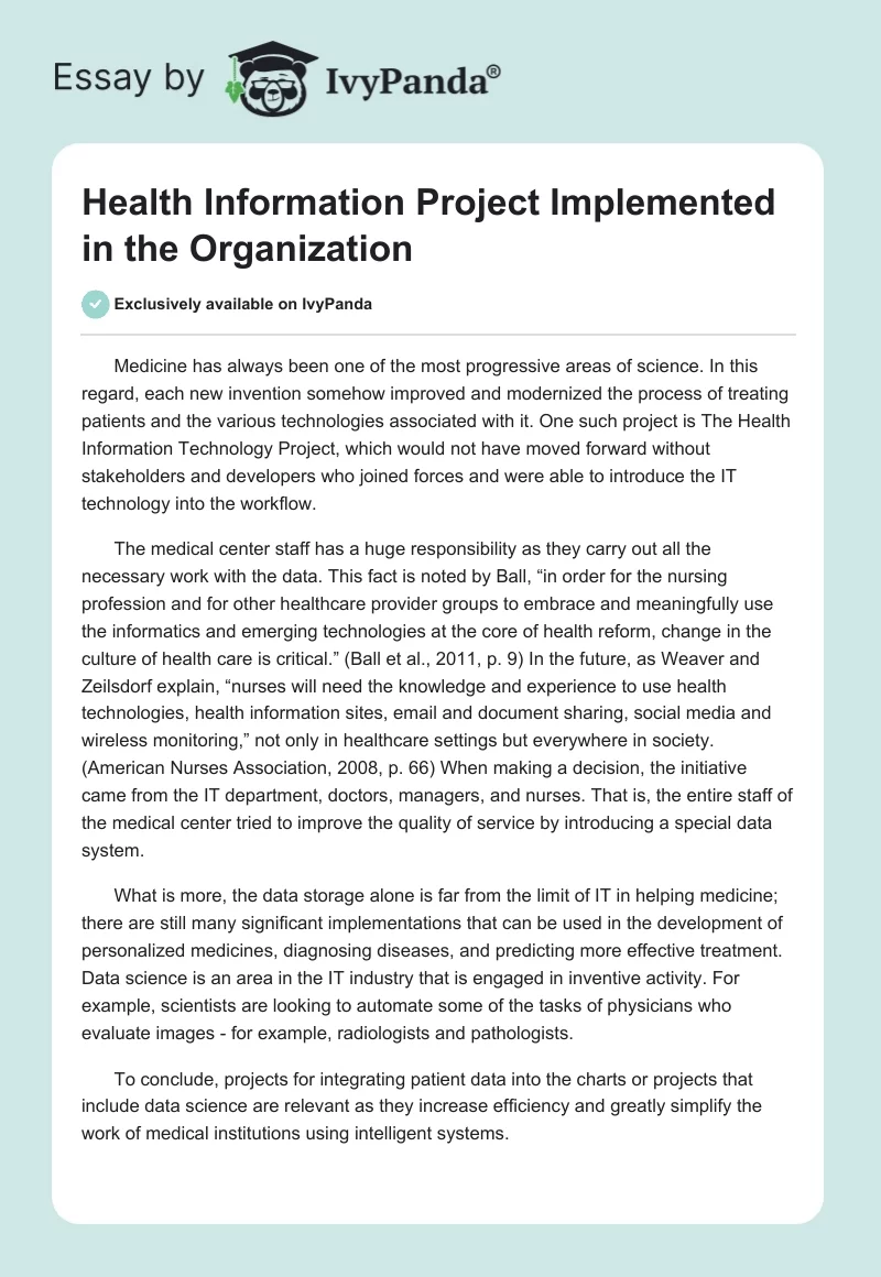 Health Information Project Implemented in the Organization. Page 1
