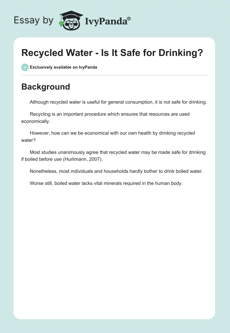 Recycled Water - Is It Safe for Drinking?. Page 1
