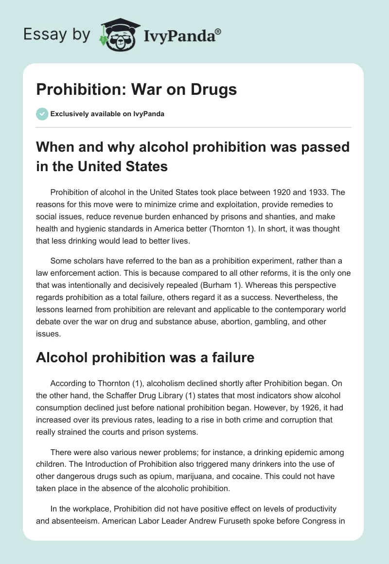 Prohibition: War on Drugs. Page 1
