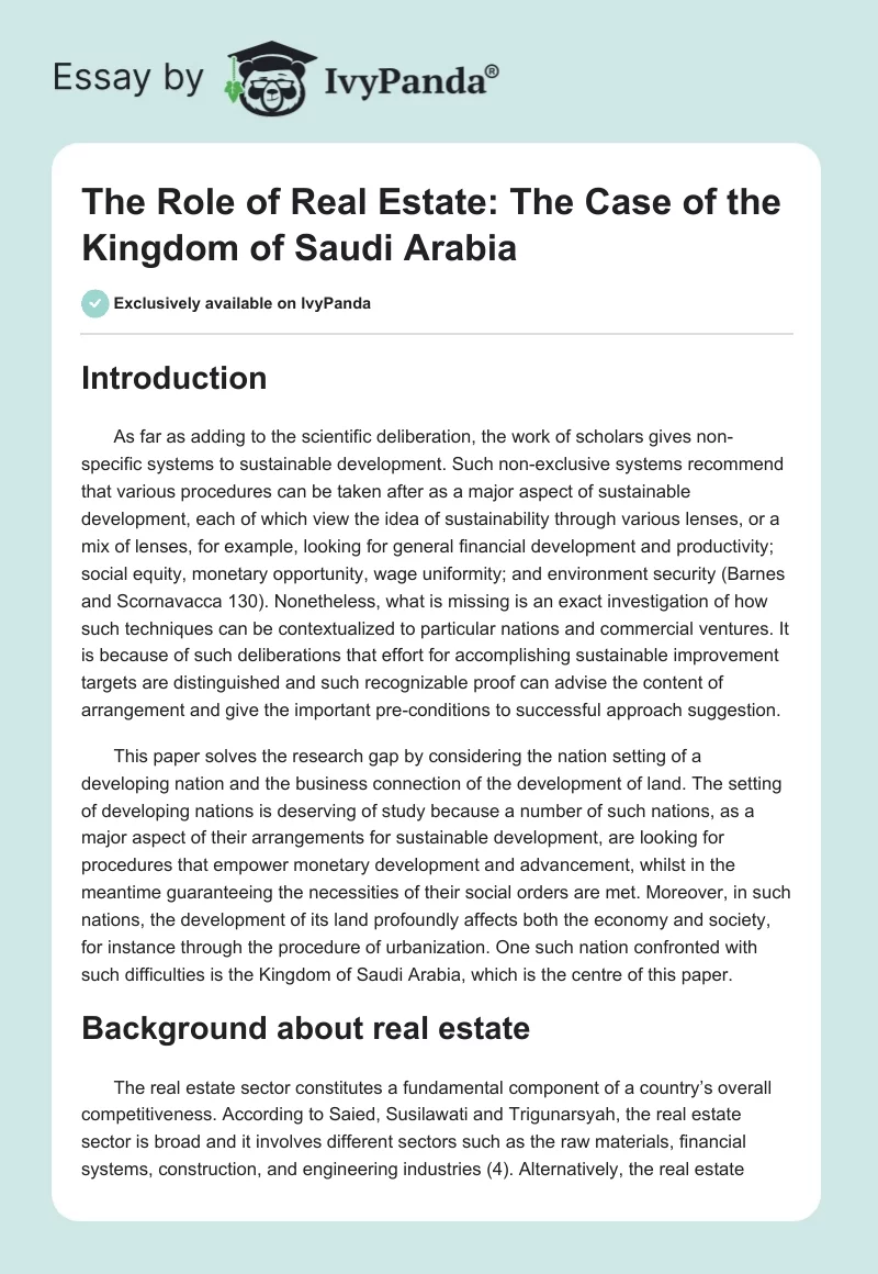 The Role of Real Estate: The Case of the Kingdom of Saudi Arabia. Page 1