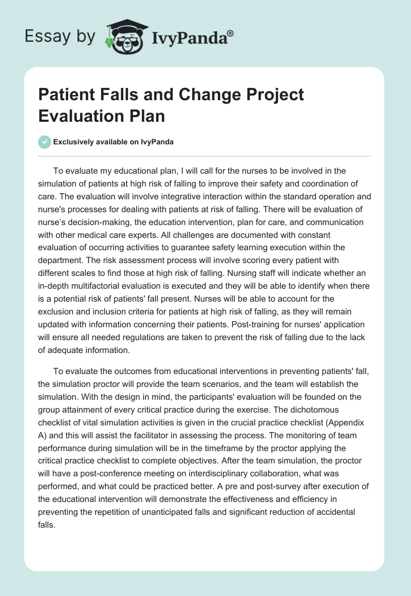 Patient Falls and Change Project Evaluation Plan. Page 1