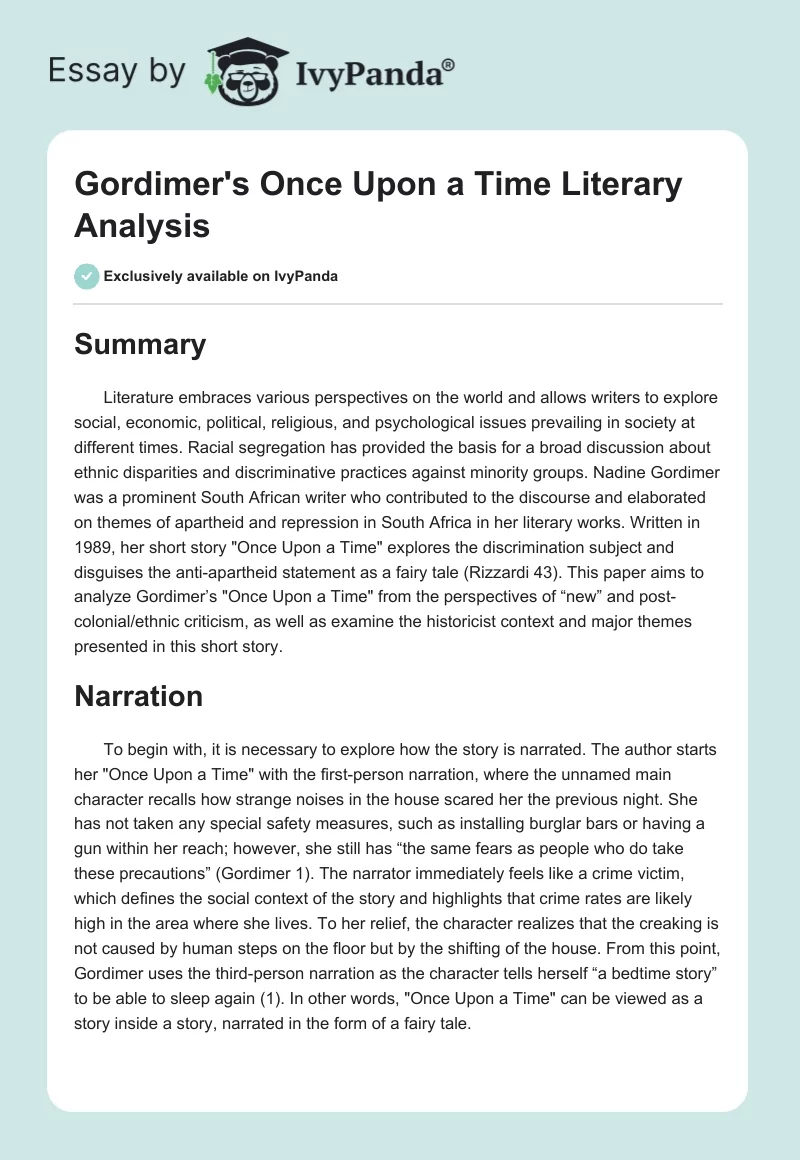 Gordimer's "Once Upon a Time" Literary Analysis. Page 1