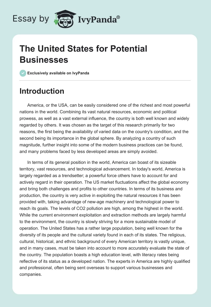 The United States for Potential Businesses. Page 1