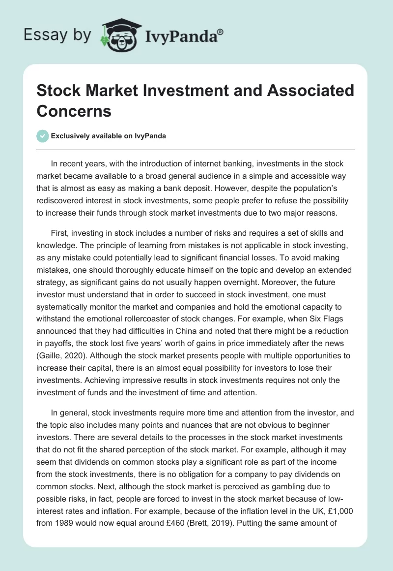 Stock Market Investment and Associated Concerns. Page 1