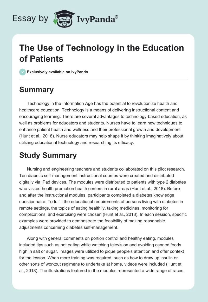The Use of Technology in the Education of Patients. Page 1