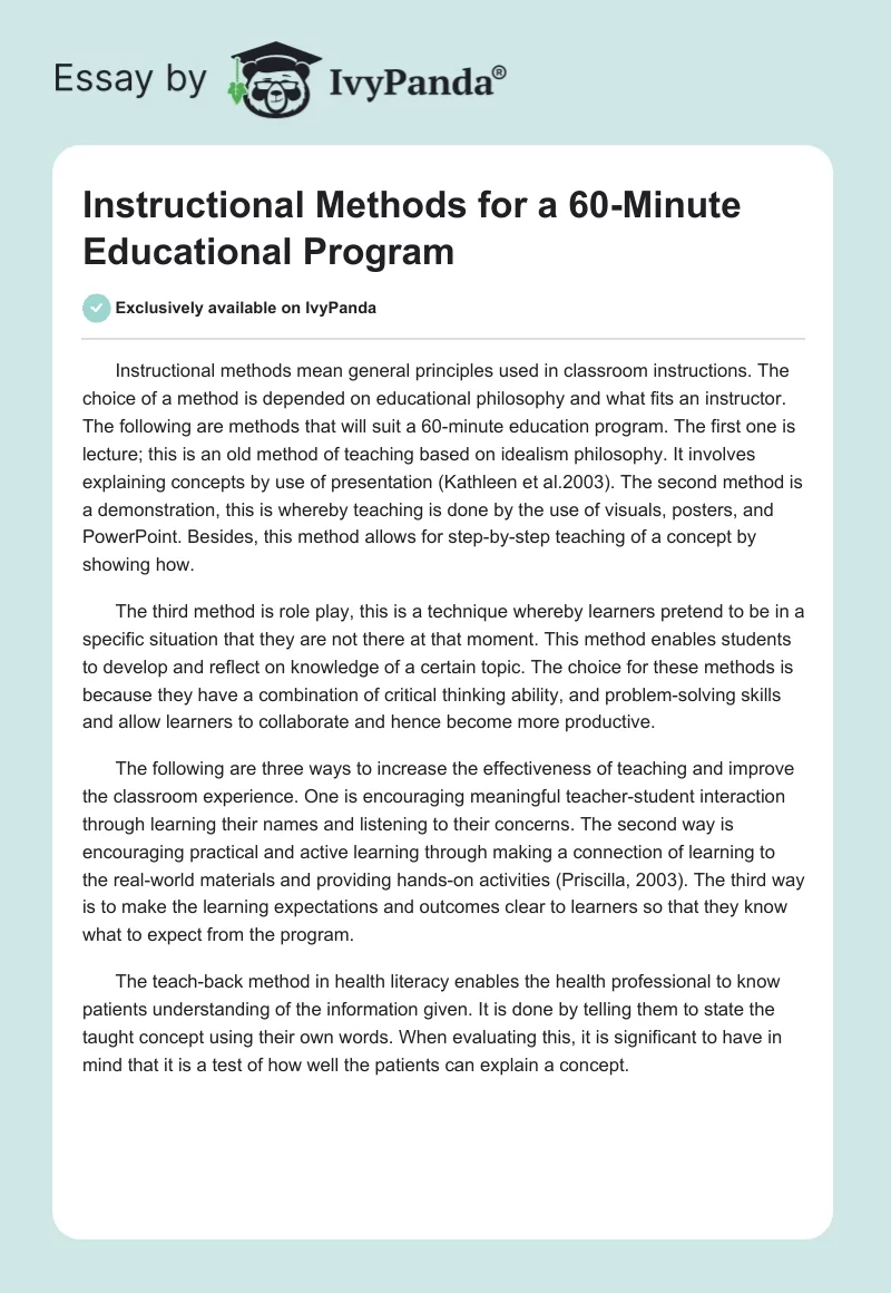 Instructional Methods for a 60-Minute Educational Program. Page 1