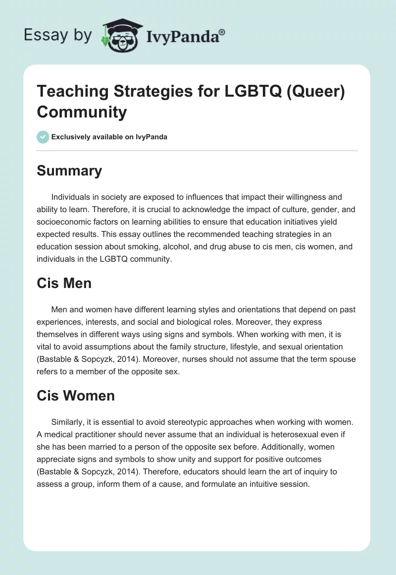 Teaching Strategies for LGBTQ (Queer) Community. Page 1
