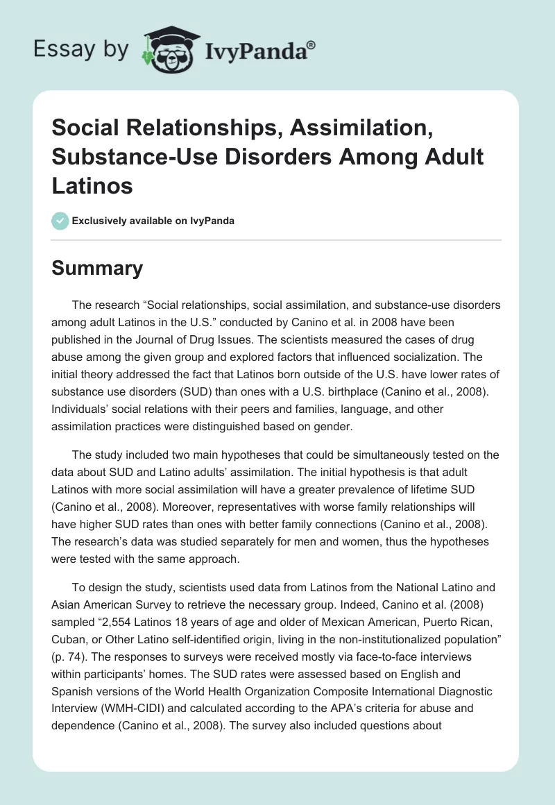Social Relationships, Assimilation, Substance-Use Disorders Among Adult Latinos. Page 1