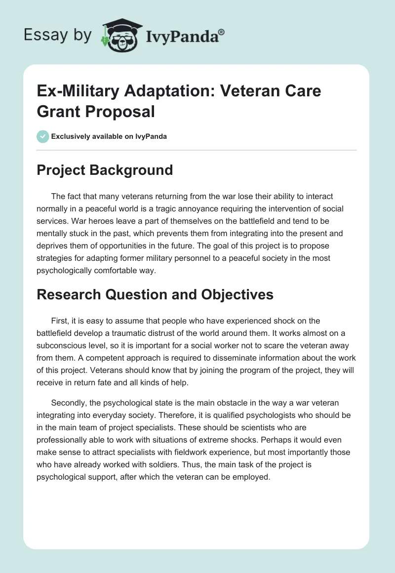 Ex-Military Adaptation: Veteran Care Grant Proposal. Page 1