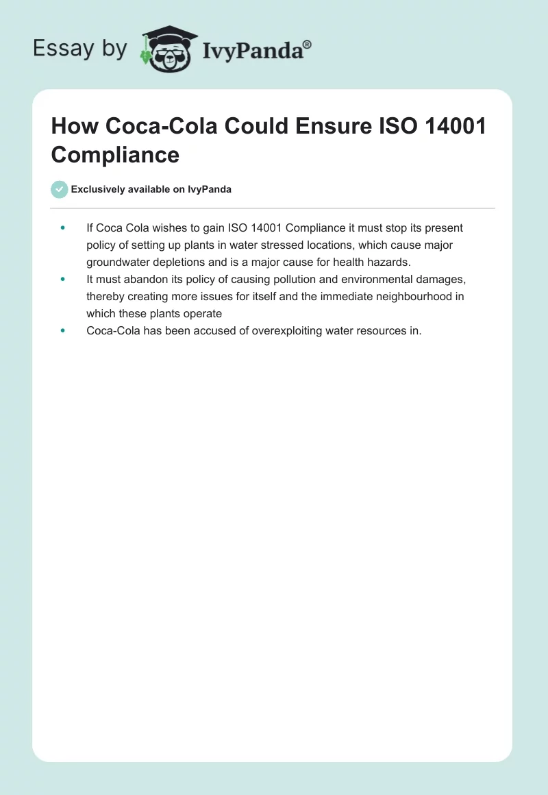 How Coca-Cola Could Ensure ISO 14001 Compliance. Page 1
