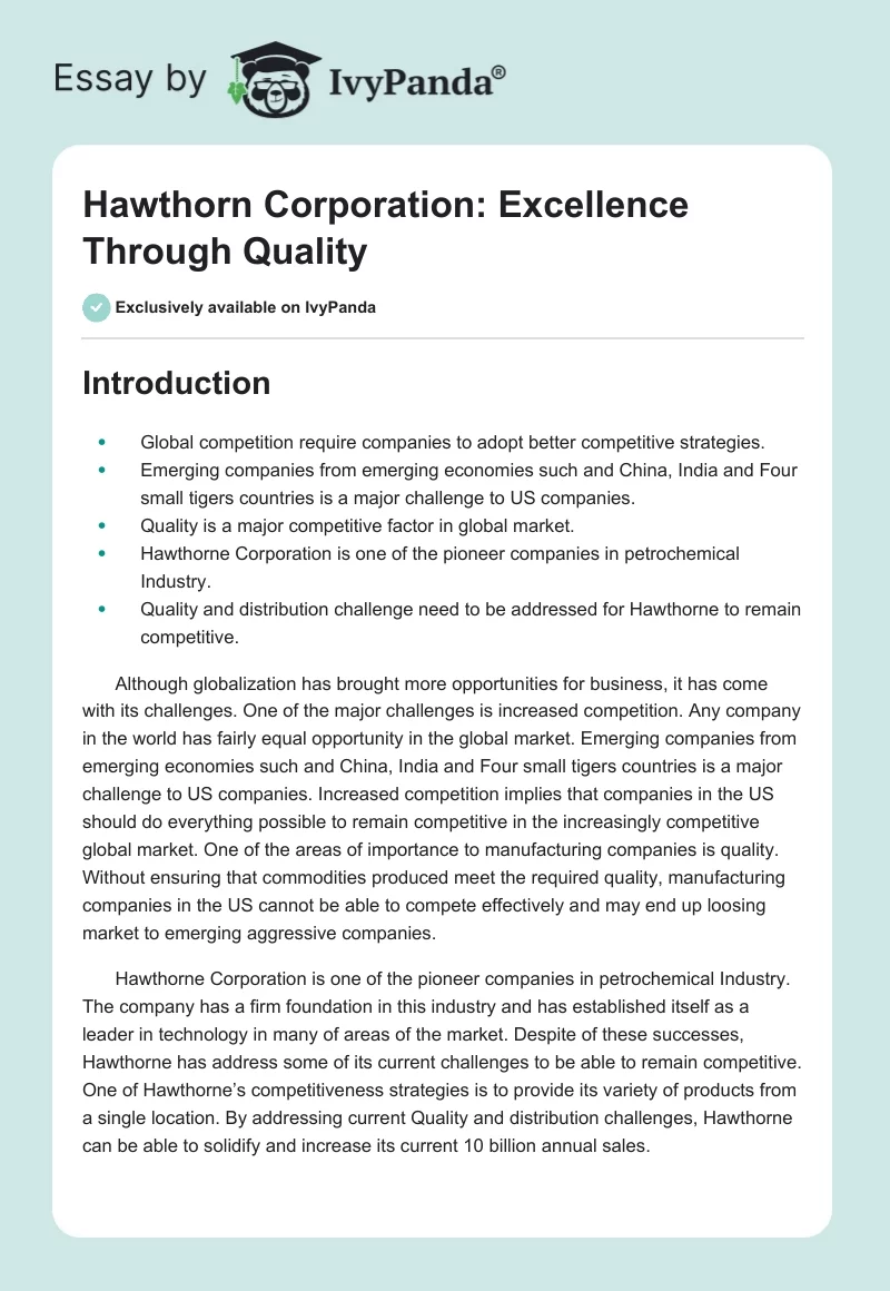 Hawthorn Corporation: Excellence Through Quality. Page 1