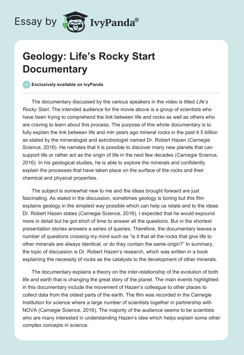 Geology: Life’s Rocky Start Documentary. Page 1