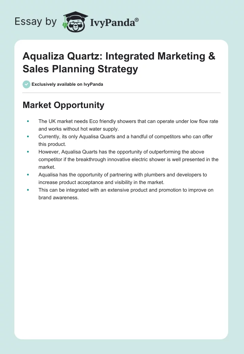 Aqualiza Quartz: Integrated Marketing & Sales Planning Strategy. Page 1