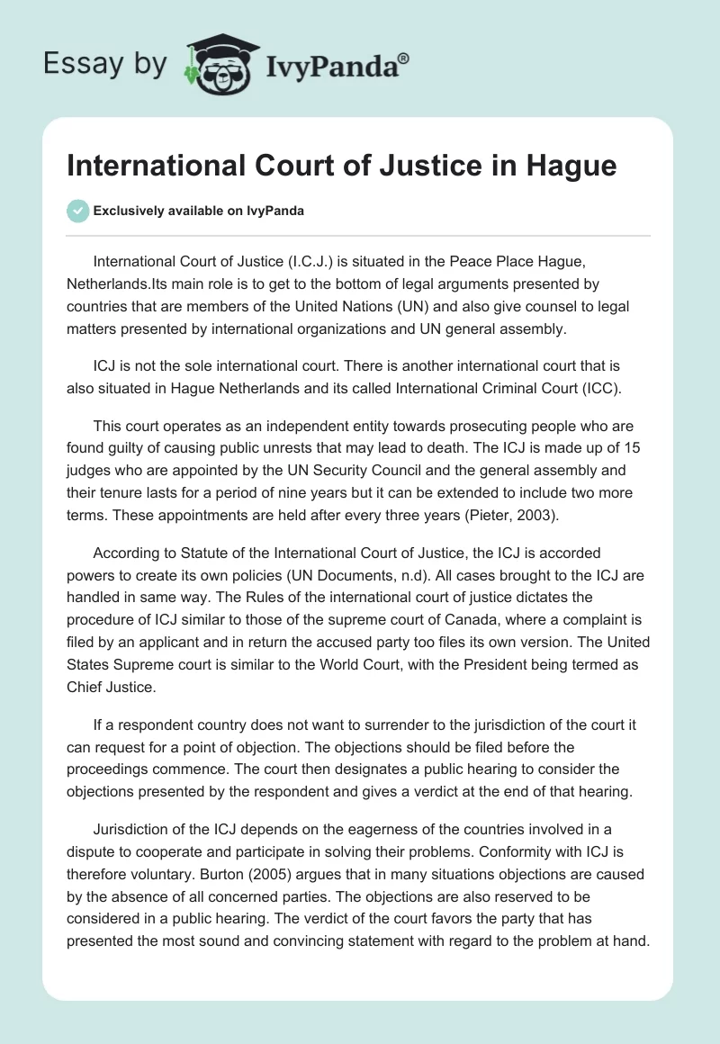 International Court of Justice in Hague. Page 1
