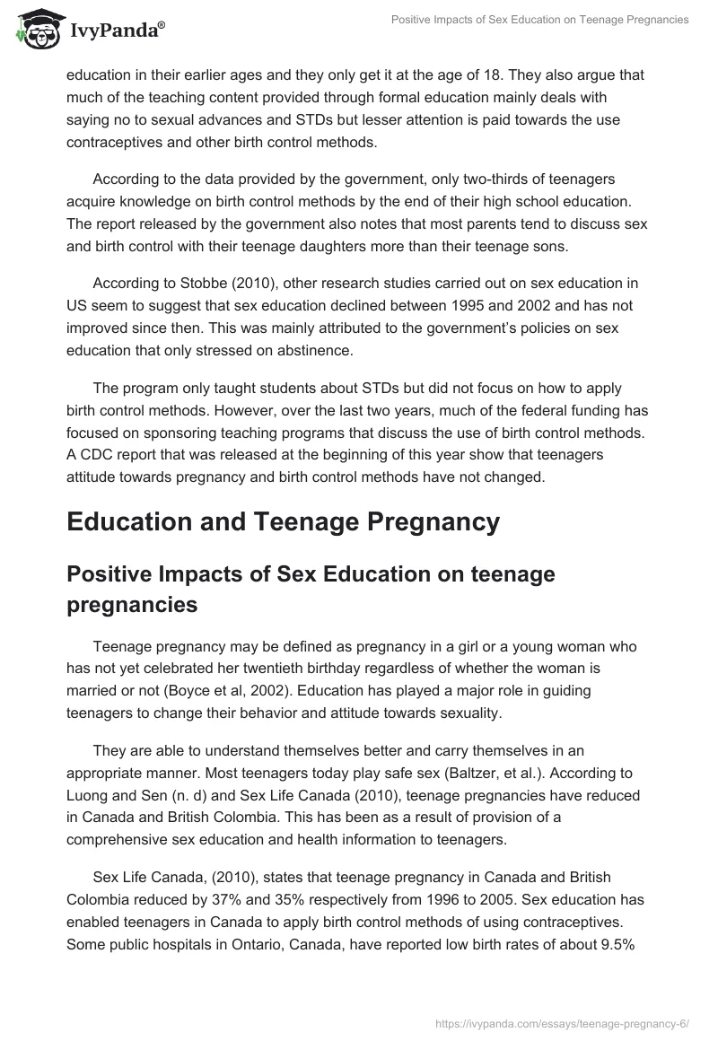 Positive Impacts of Sex Education on Teenage Pregnancies. Page 2
