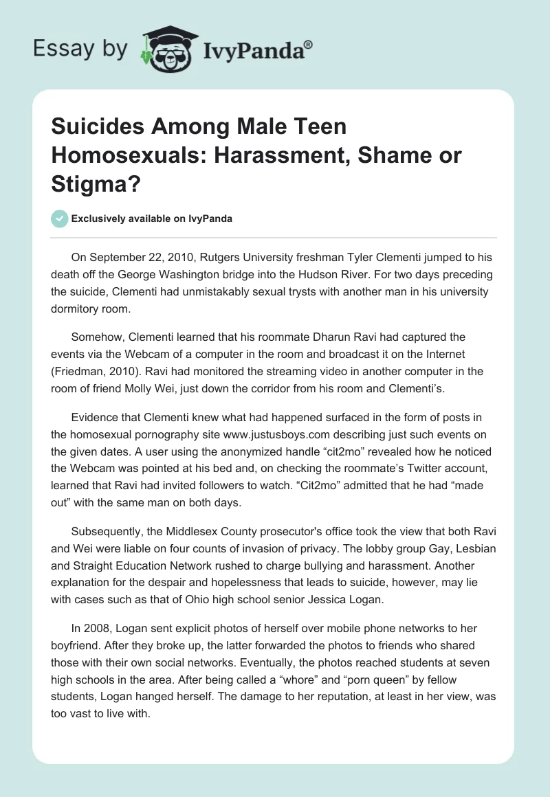 Suicides Among Male Teen Homosexuals: Harassment, Shame or Stigma?. Page 1