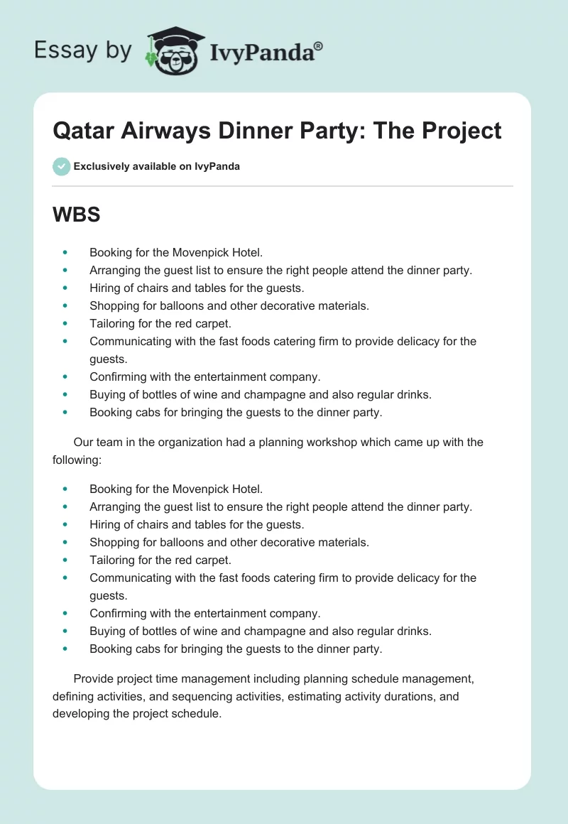Qatar Airways Dinner Party: The Project. Page 1