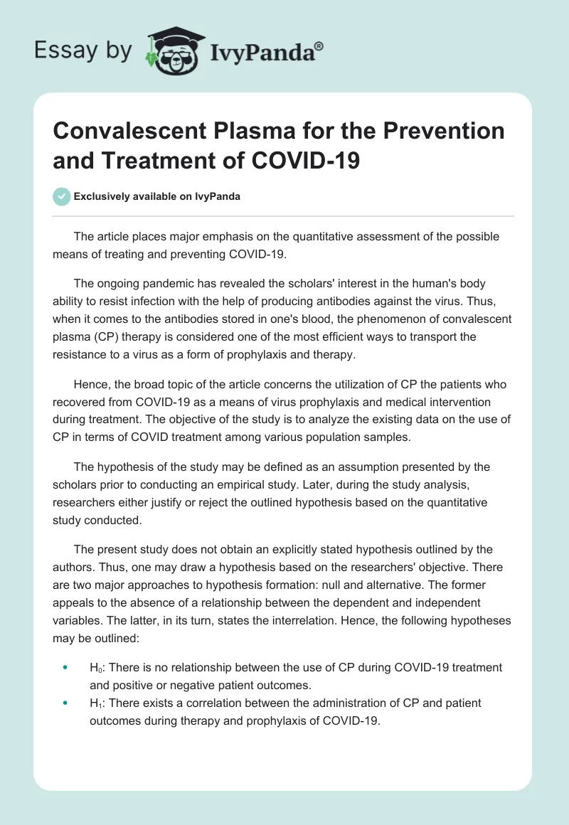 Convalescent Plasma for the Prevention and Treatment of COVID-19. Page 1