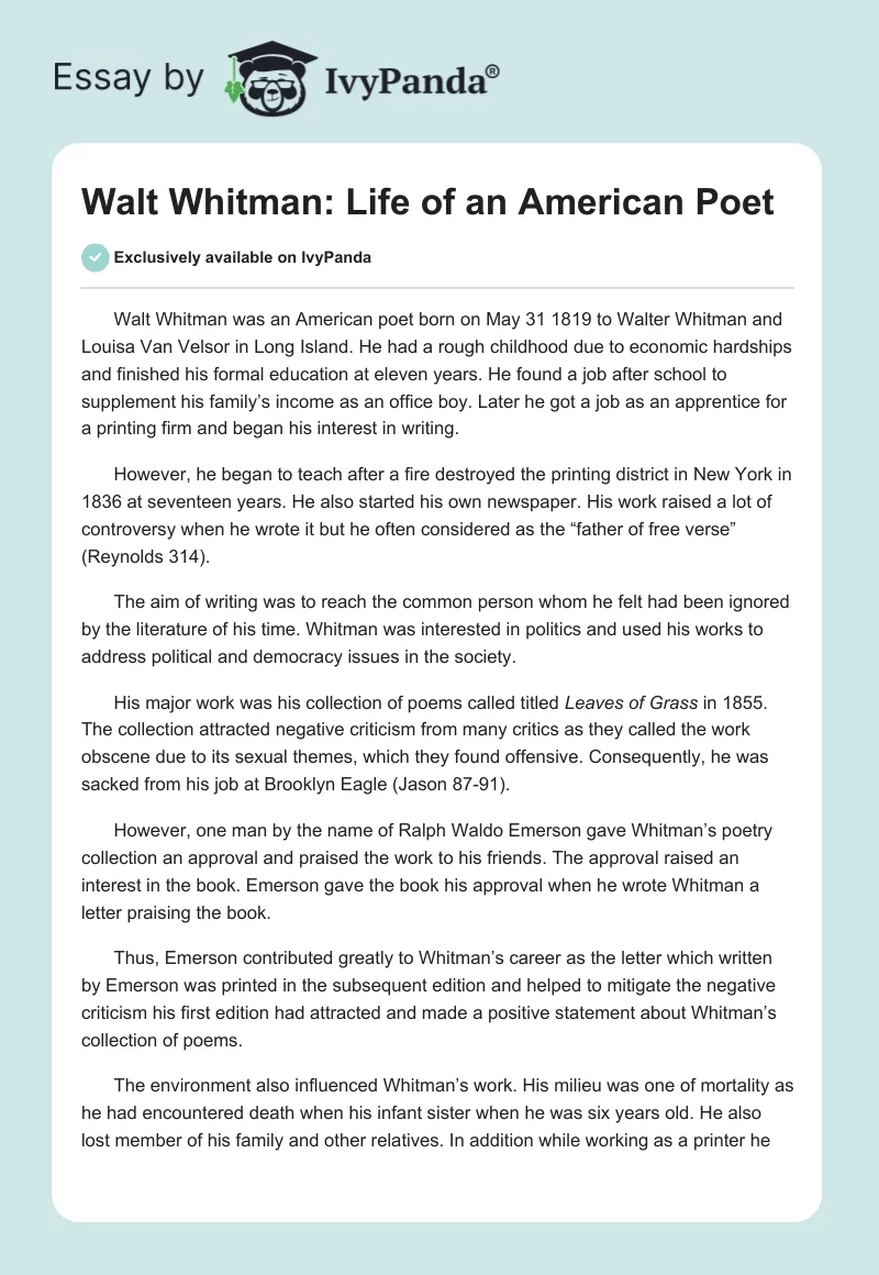 Walt Whitman: Life of an American Poet. Page 1