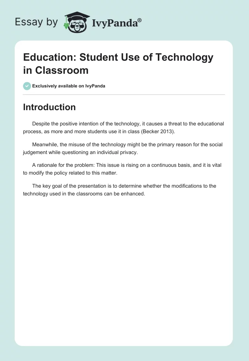 Education: Student Use of Technology in Classroom. Page 1