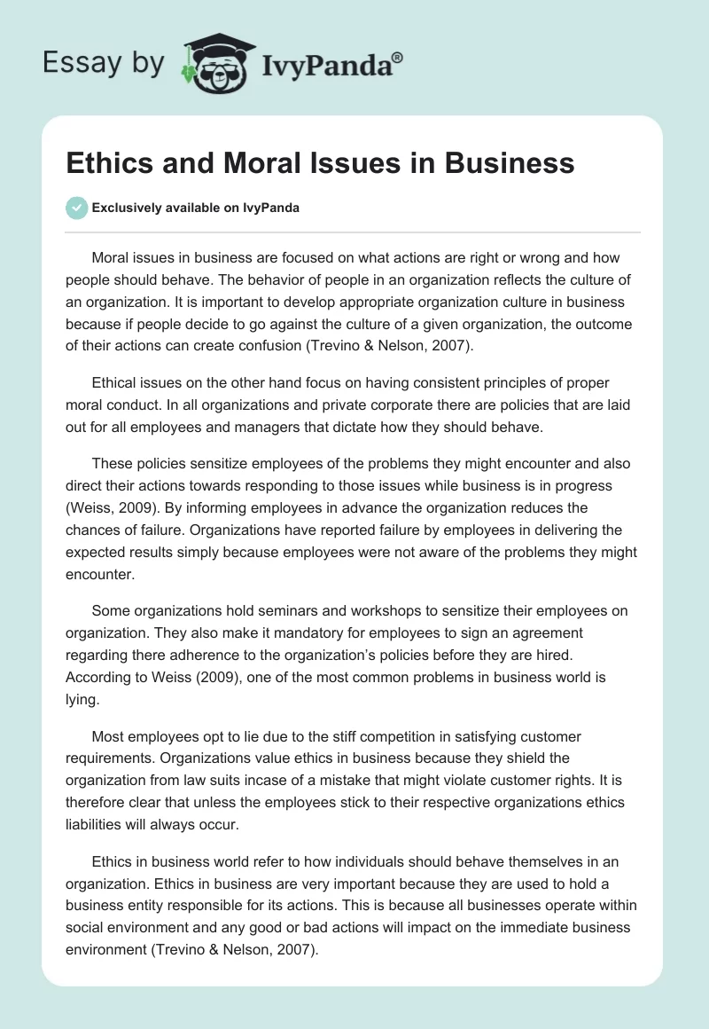 Ethics and Moral Issues in Business. Page 1