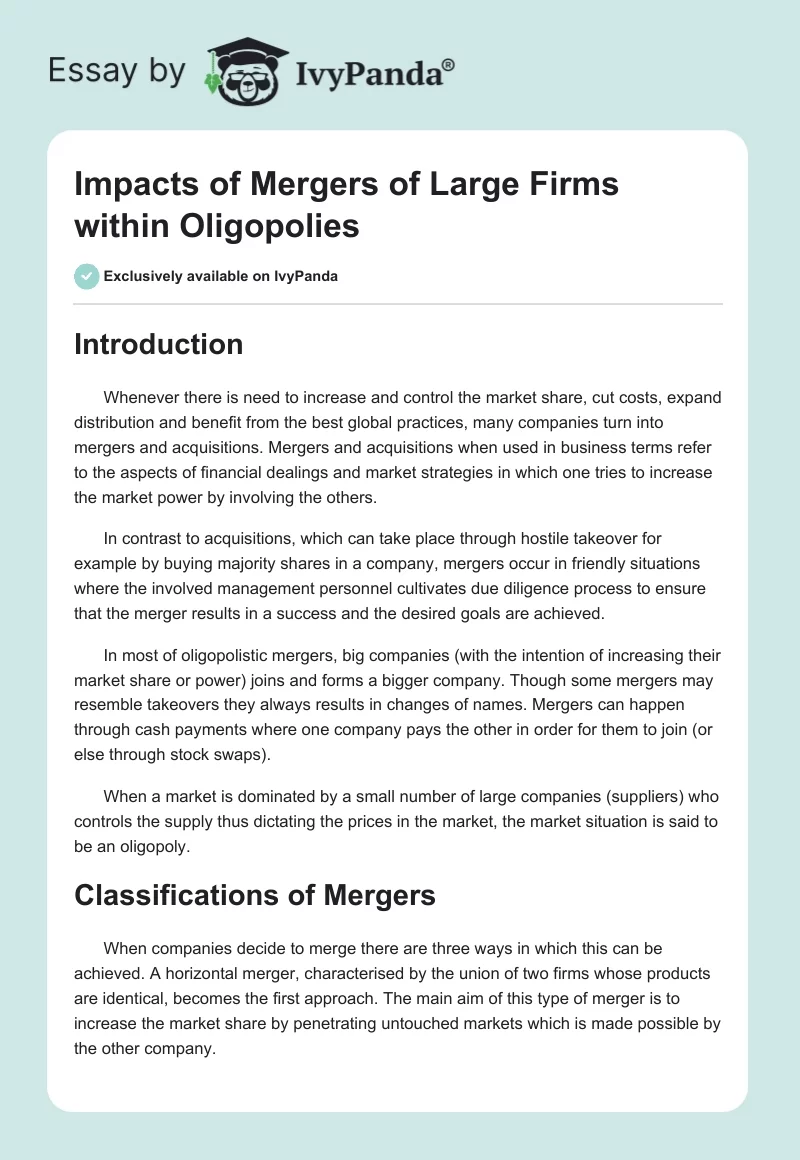 Impacts of Mergers of Large Firms Within Oligopolies. Page 1