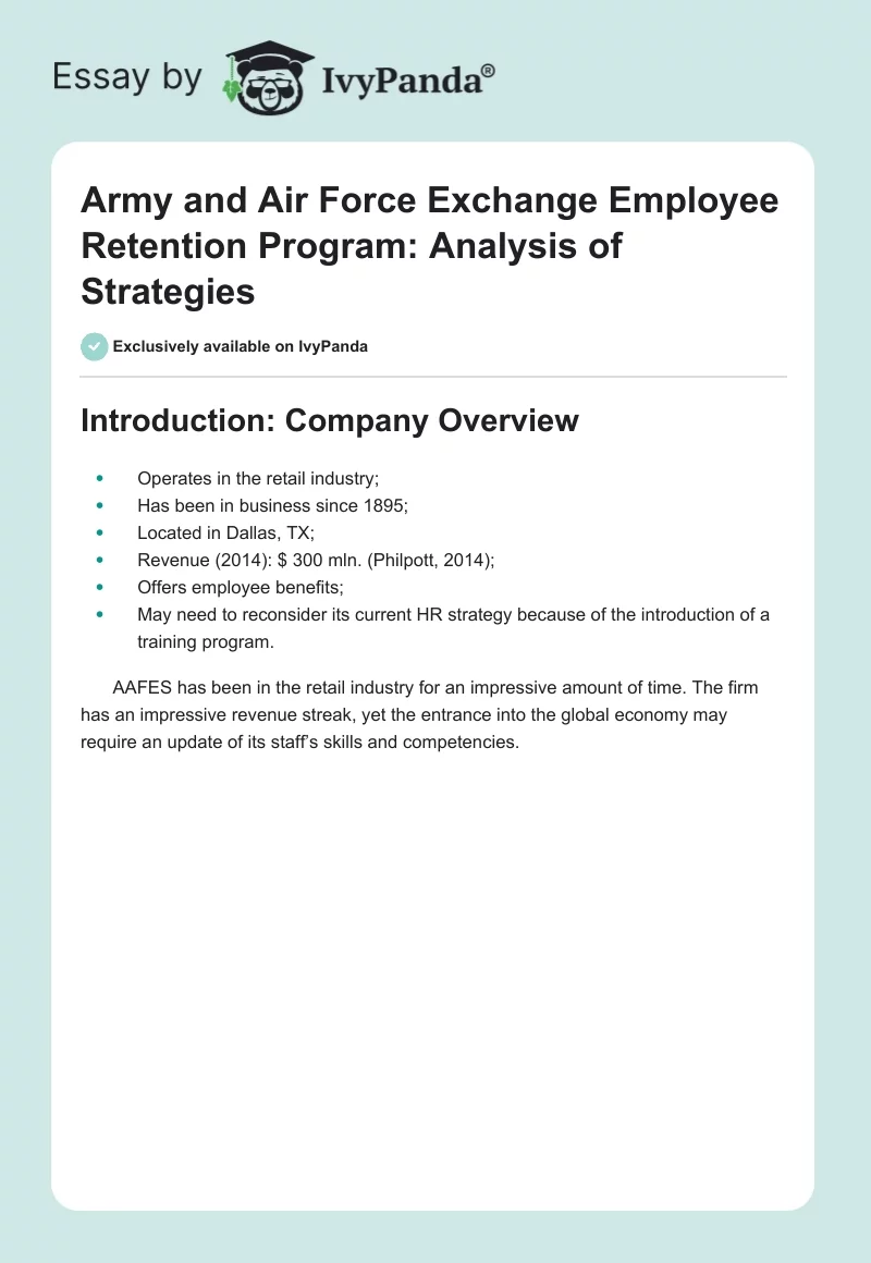 Army and Air Force Exchange Employee Retention Program: Analysis of Strategies. Page 1