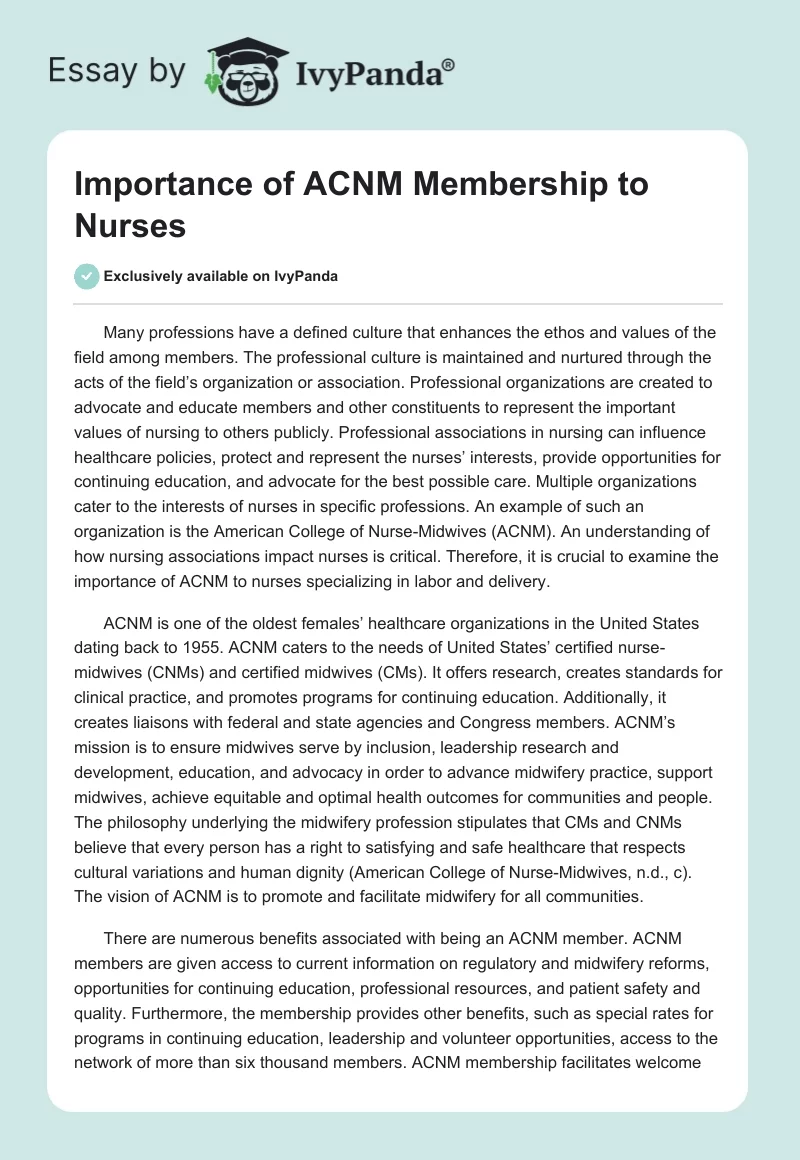 Importance of ACNM Membership to Nurses. Page 1
