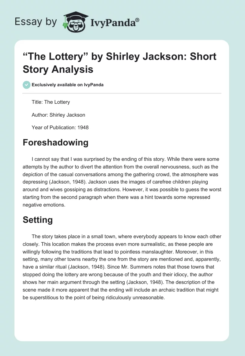 “The Lottery” by Shirley Jackson: Short Story Analysis. Page 1