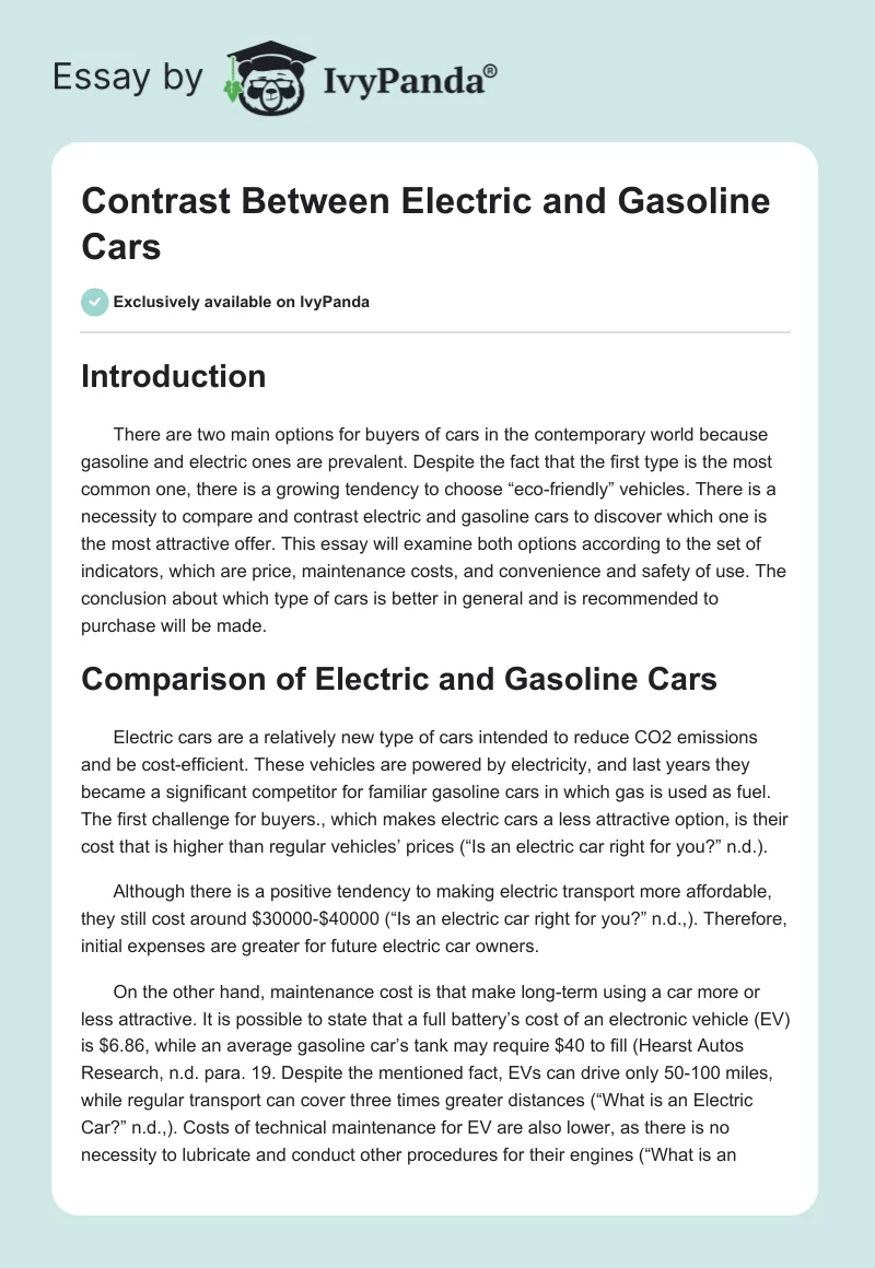 Contrast Between Electric and Gasoline Cars. Page 1