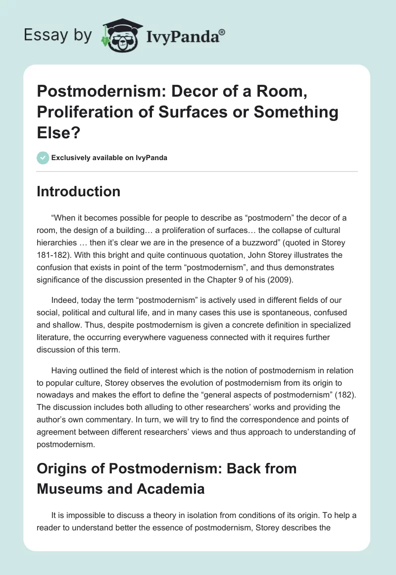 Postmodernism: Decor of a Room, Proliferation of Surfaces or Something Else?. Page 1
