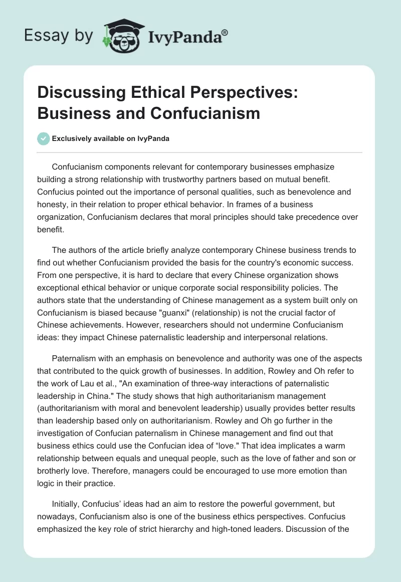 Discussing Ethical Perspectives: Business and Confucianism. Page 1